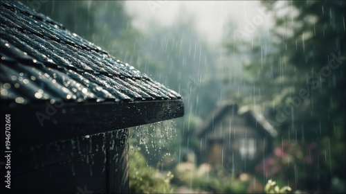 Heavy rain falling on the wooden roof of a secluded cabin during a storm. Atmospheric view of water drops dripping from house eaves in the forest. Weather, solitude and nature concept.