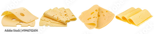 Various delicious and fresh yellow cheese slices, some folded and stacked, isolated on a transparent background.
