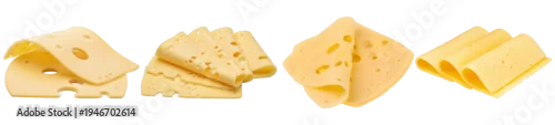 Panel kuchenny z motywem Various delicious and fresh yellow cheese slices, some folded and stacked, isolated on a transparent background.