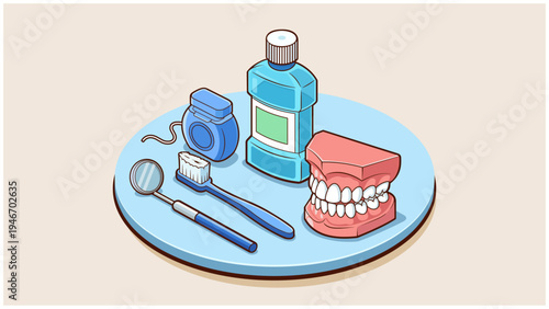 Isometric Cartoon Illustration of Complete Dental Care Set with Toothbrush Mouthwash Floss Dental Mirror and Teeth Model on Blue Round Base