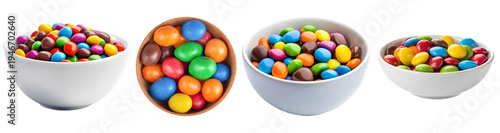 Foto A vibrant collection of colorful chocolate candies in various bowls, isolated on a transparent background