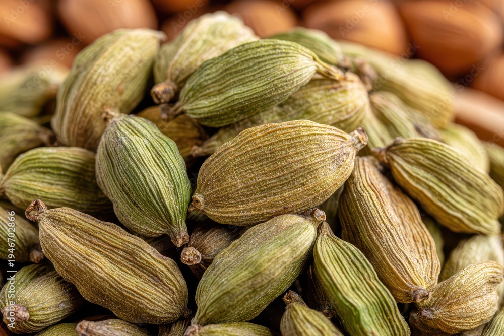 Fototapeta premium A close-up shot showcases a heap of aromatic, green cardamom pods, emphasizing their texture and freshness, ideal for culinary and spice-related projects.