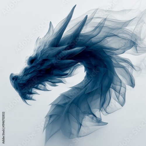 Abstract blue dragon head formed from flowing smoke and translucent waves