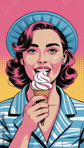 Ilustración vectorial hilarante linda joven comiendo helado de vainilla. Una vívida representación del arte pop contemporáneo.