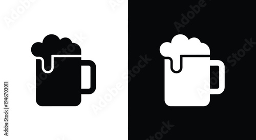 Black and white beer mug icons, symbols for bars, pubs, or breweries. 