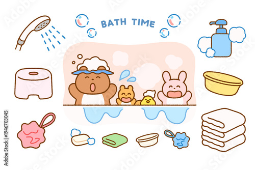 動物キャラクターの入浴イラストセット｜生活習慣・こども向け