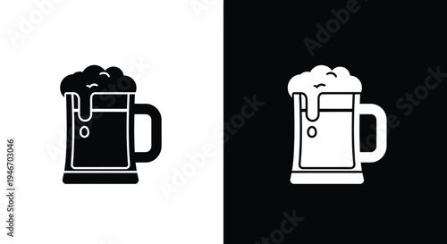 Black and white beer mug icons, symbols for bars, pubs, or breweries. 