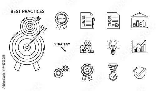A set of business strategy icons and best practices in a minimal line art style