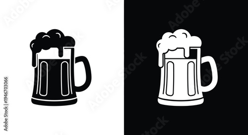 Black and white beer mug icons, symbols for bars, pubs, or breweries. 