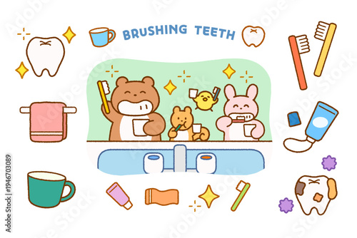 動物キャラクターの歯みがきイラストセット｜生活習慣・幼児向け