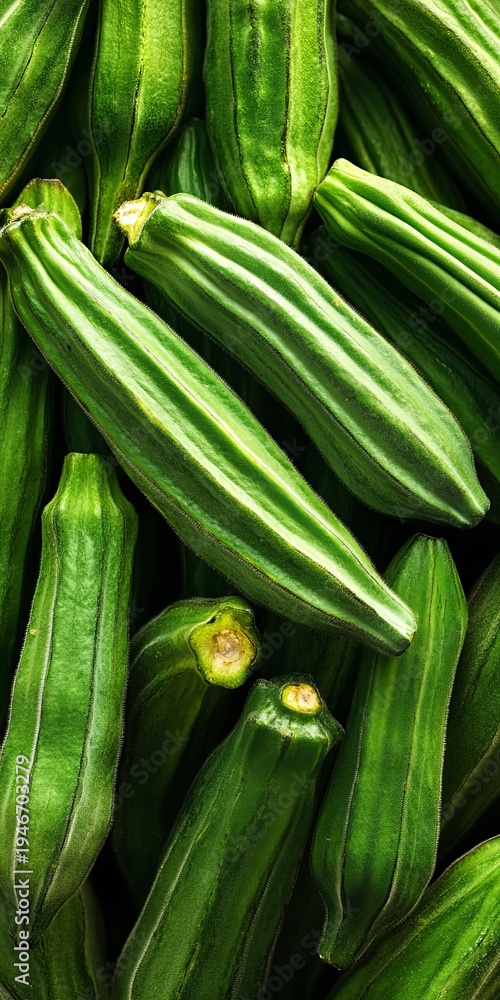 Fototapeta premium Vibrant Green Whole Okra Pods Arranged in a Studio Close-Up for Culinary Use and Healthy Meals