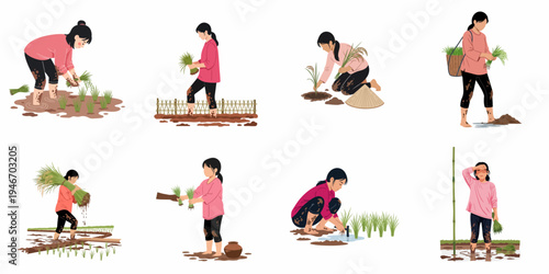 Illustrations of young women participating in traditional rice farming activities such as planting, harvesting, and carrying seedlings in muddy paddy fields.
