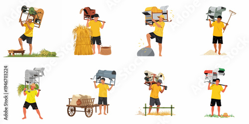 Collection of Vector Illustrations Featuring a Male Farmer Using and Transporting Various Small-Scale Agricultural Machinery for Rice Harvesting and Grain Processing