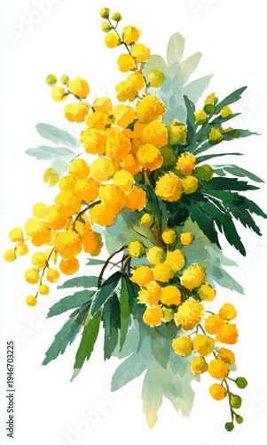 Watercolor mimosa branch with bright yellow blossoms and green leaves