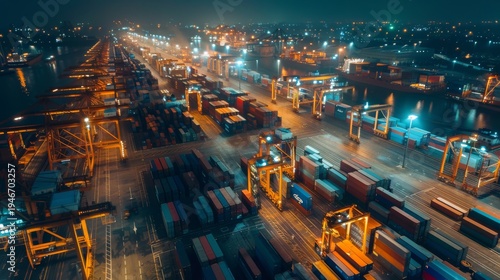 Illuminated shipping container terminal at night with cranes logistics operations