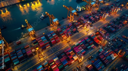 Aerial night view of busy container port terminal with cranes and cargo