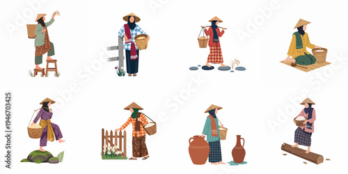 Set of flat illustrations depicting traditional Indonesian female farmers engaged in various agricultural activities like harvesting rice and carrying grain.
