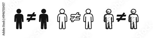 People icons with inequality symbol in various styles: solid, outline, and sketchy. Concept of social disparity and discrimination.