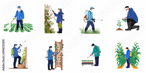 Set of illustrations featuring workers in protective clothing spraying pesticides, herbicides, and fertilizers on various agricultural crops, garden plants, and nursery seedlings.