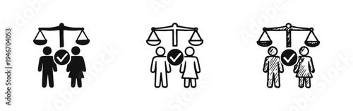 Justice scale with equal people and checkmark icon set. Illustrates gender equality, fair justice, and balanced rights.