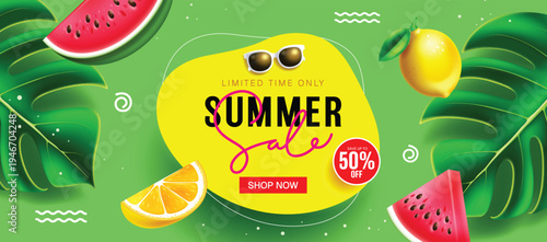 Summer sale vector banner design. Summer sale text in abstract shape with limited discount template for retail and holiday promotion. Vector illustration.  
