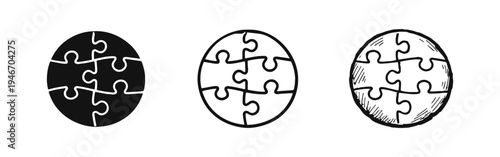 Circular Puzzle Pieces Icon Set - Solution, Teamwork, and Integration Concept