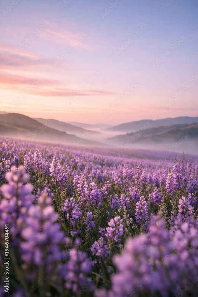 Obraz premium Lavender fields at sunrise tranquility.