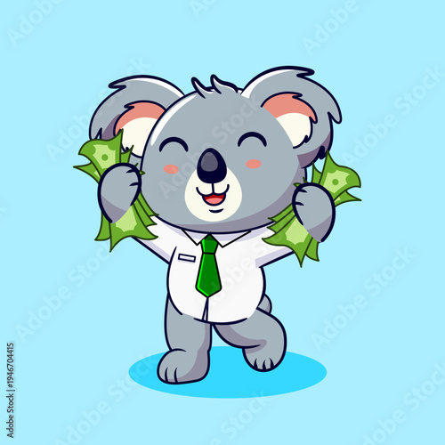 Happy Koala Business Character Holding Money Vector Illustration Kawaii Design