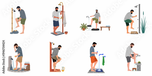 A collection of flat illustrations featuring a bearded man using various outdoor showers and foot-washing stations in rustic and garden settings.