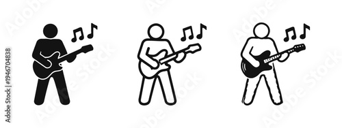 Person Playing Electric Guitar with Music Notes Icon Set - Musician and Rock Music