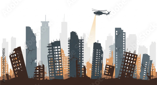 Drone hovers over damaged city.