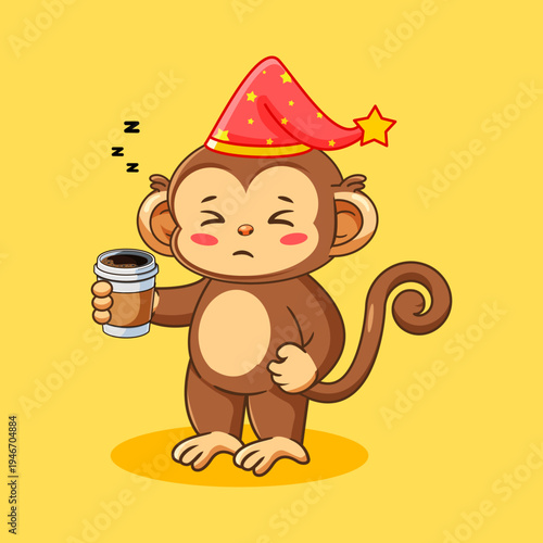 Sleepy Monkey Holding Coffee Cup Vector Illustration Cartoon Design