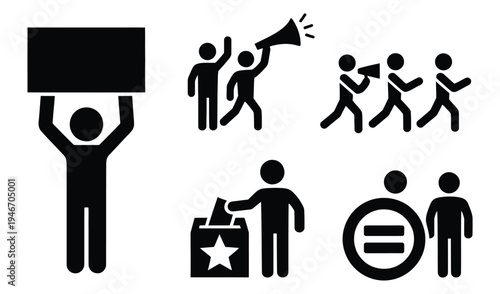 Social activism and human rights black silhouette icons set, modern collection of solidarity symbols