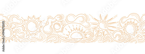 Golden sun seamless border with decorative sea waves, vintage clouds. Good morning repeat strip. Vector line art pattern featuring sky motif and abstract astrology simple print.