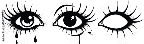 Grunge dripping eye illustration set with eyelashes and gothic tattoo style symbols isolated on white backgroundGrunge dripping eye illustration set with eyelashes and gothic tattoo style symbols isol
