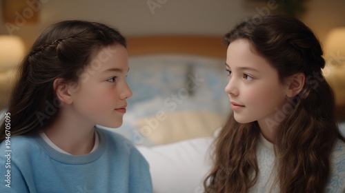 Two stepsisters comparing completely different decorated halves of shared bedroom divided down middle, one side minimalist one chaotic, perfect for blended families, personal space, and modern