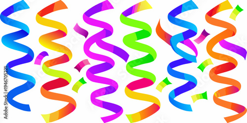 Colorful confetti ribbons cascade across a vibrant celebratory background