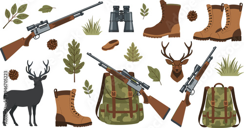 Hunting equipment vector set including rifles binoculars backpack boots deer head forest leaves pine cones and wildlife elements isolated illustration for outdoor adventure and hunting theme