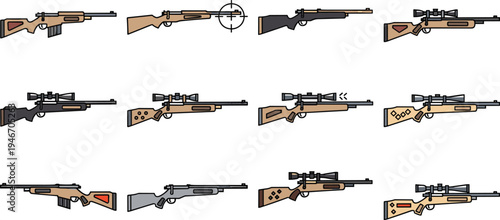 Set of modern hunting rifles and sniper rifles collection with scopes and crosshair target symbol, flat vector illustration pack of different firearm styles isolated on light background
