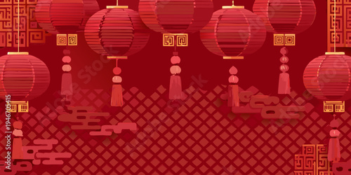 A vibrant background of red chinese lanterns and decorative patterns
