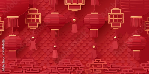 A vibrant display of traditional red chinese lanterns and patterned background