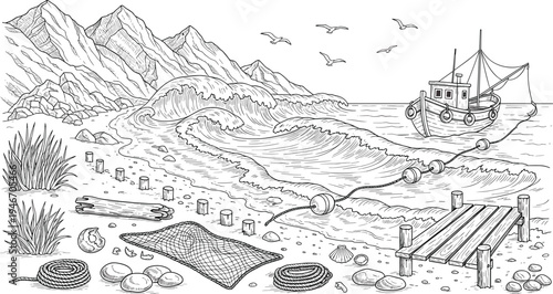 Hand drawn coastal fishing village landscape with boat mountains beach shells and ocean waves in vintage sketch style isolatedHand drawn coastal fishing village landscape with boat mountains beach she