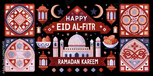 Festive eid al fitr illustration with traditional islamic motifs and calligraphy