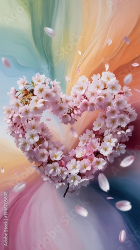 Heart shaped floral arrangement of pink cherry blossoms with falling petals and swirling colorful background