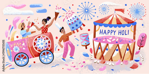 Festive illustration depicts a vibrant celebration of the holi festival