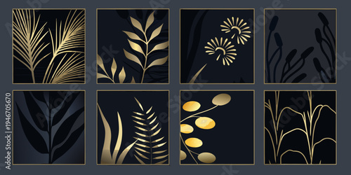 Golden botanical illustrations arranged in a grid of eight panels