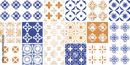 Assorted decorative ceramic tiles in blue orange and white