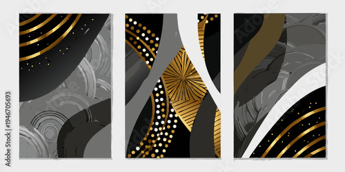Abstract geometric patterns in gold black and gray arranged in panels