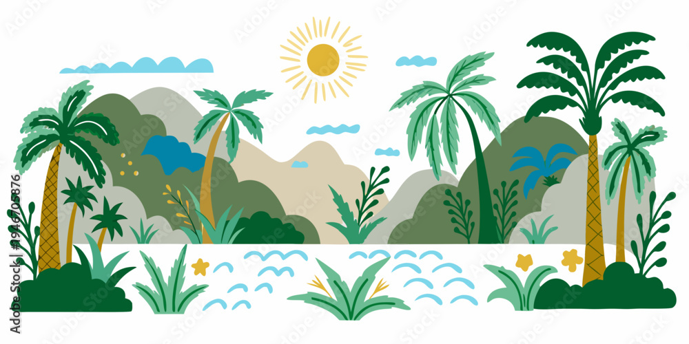 Obraz premium A vibrant tropical landscape with palm trees mountains and a bright sun