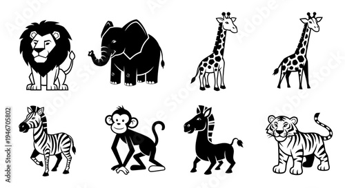 Collection of cartoon jungle animals like lion elephant giraffe zebra monkey tiger in black and white vector illustration